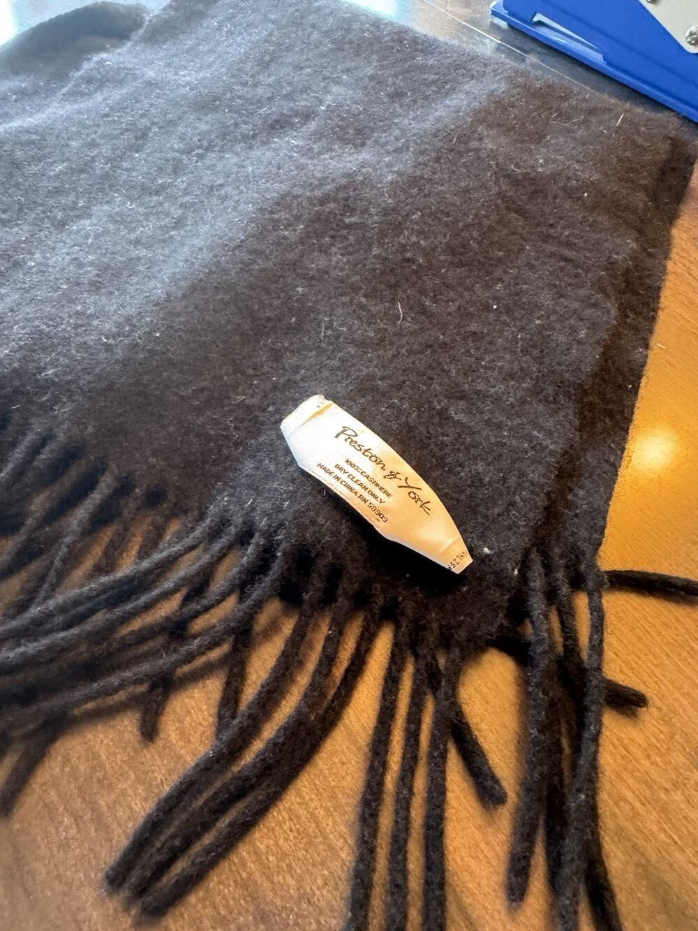 PRESTON YORK 100% Cashmere Black Gray Winter Warm Scarf Fringe 60”x12” Lux Warm